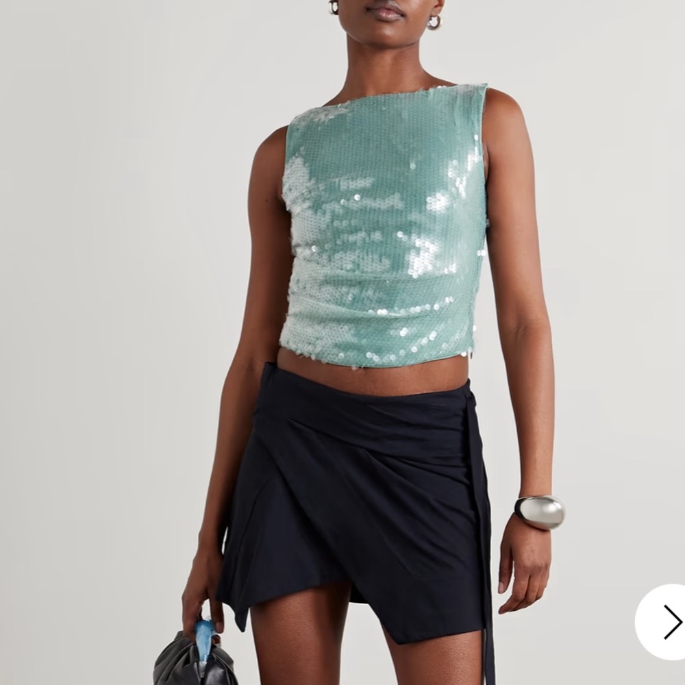 STAUD Turquoise Eton Sequin Top